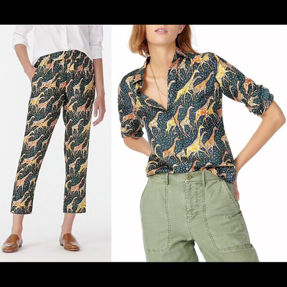 EUC J Crew Collection Silk Giraffe Print Matching Cropped Pants & Shirt Set 6 S - Picture 1 of 15